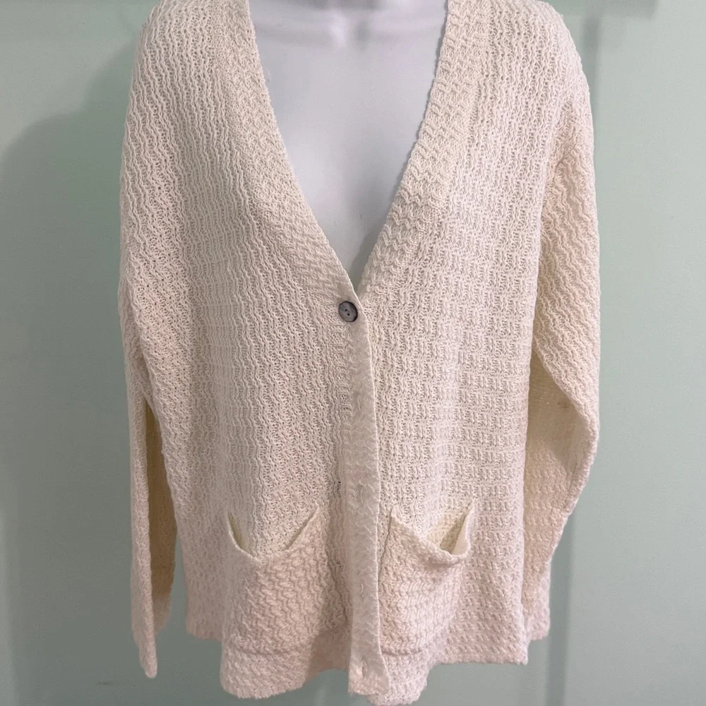 Cream Textured Knit Button Front Cardigan XL Soft Oversized Sweater with Pockets